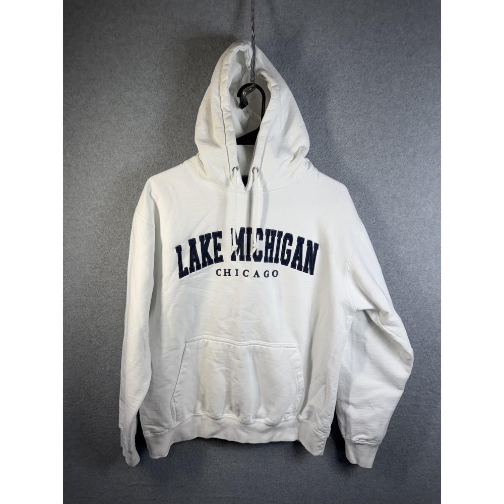 Ocean Beach Hoodie Mens Medium White Lake Michigan Chicago Pullover Sweatshirt